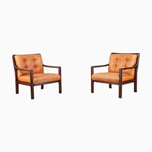 Mid-Century Lounge Chairs in Cognac Leather & Mahogany-Stained Hardwood, 1960s, Set of 2