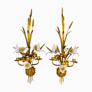 Große Hollywood Regency Wandleuchten aus Vergoldetem Weizen & Weißen Blumen, 1970er, 2er Set