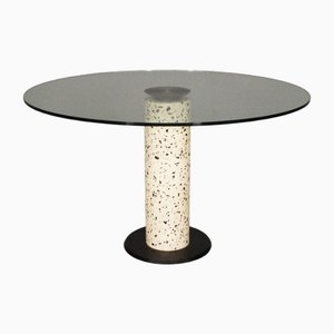 Tavolo rotondo in marmo con ripiano in vetro, anni '80