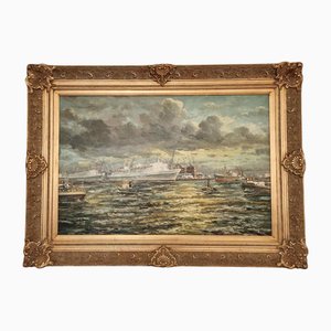 Frank Burg, Port de Rotterdam, XXe Siècle, Peinture à l'Huile