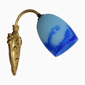 Art Deco Wall Sconce in Gilt Bronze and Blue Glass Paste, 1930s