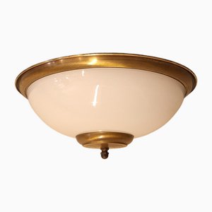 Flat Vintage Ceiling Lamp with White Glass Shade in Patinated Brass Mount, 1990s