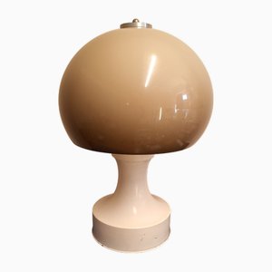 Lámpara de mesa vintage grande con base de aluminio blanco y pantalla de plástico beige, años 70