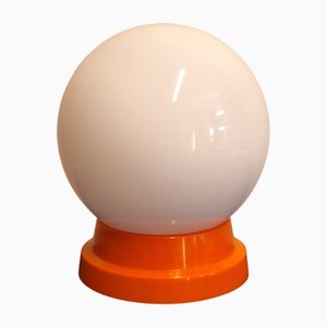 Flat Vintage Ceiling Lamp with Opaque White Glass Shade on Orange Plastic Mount, 1970s