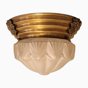 Flat Antique Art Deco German Ceiling Lamp with Original Frosted Segmented Glass Shade in Brass Mounting with Bronze Applications, 1920s