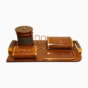 Art Deco Pipe Smoking Set with Walnut Tray, Handles and Lid in Green Leather with Copper Applications, 1930s