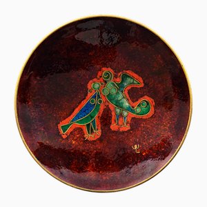 Plat en Bronze Cloisonné et Émail Rouge avec Oiseaux Abstraits par Walter Lochmüller, 1970s
