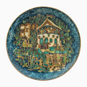 Plat en Bronze Cloisonné et Émail Bleu avec Scène de Joutes attribué à Walter Lochmüller, 1970s