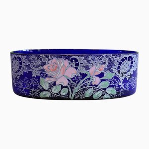 Jardinière en Verre Bleu Cobalt Emaillé avec Rose de Legras & Montjoye, France, 1900s