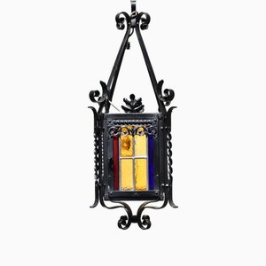 Antique Black Wrought Iron and Stained Glass Lantern, France, 1940s