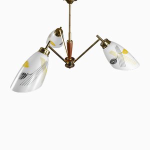 Lustre Mid-Century en Verre, Laiton et Teck, France, 1950s