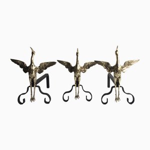 Chenets de Cheminée en Forme de Grue en Fer Forgé en Bronze attribués à Albert Cheuret, 1920s, Set de 3