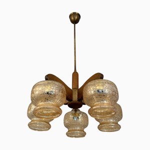 Lustre Brutaliste Sputnik à 5 Bras en Chêne avec Abat-Jour en Verre, Allemagne, 1970s