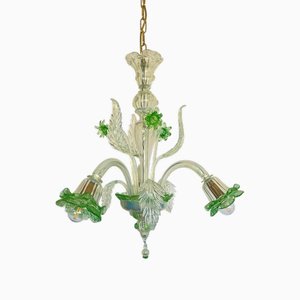 Lustre Vintage à Trois Lampes en Verre de Murano Opalin Vert, 1983