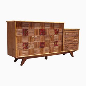 Enfilade en Rotin et Céramique par Audoux-Minnet, France, 1950
