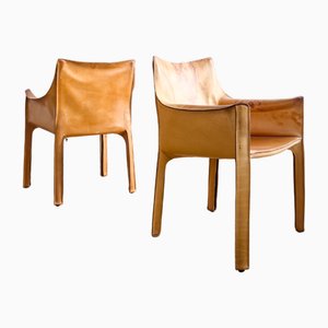 Set de Fauteuils Cab 413 en Cuir Cognac Patiné par Mario Bellini pour Cassina, Italie, 1970s