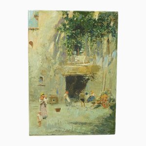 Vincenzo Caprile, Village Landscape, 19th Century, Oil Painting on Cardboard