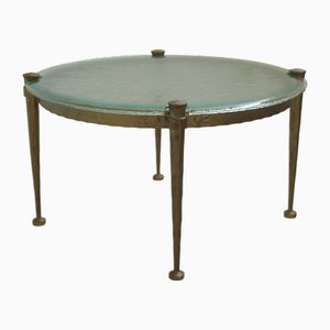 Mesa de centro forjada redonda con vidrio aguamarina, años 80