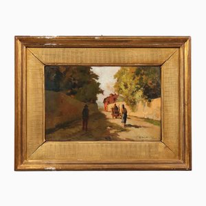 Carlo Domenici, escena rústica, pintura al óleo, enmarcado