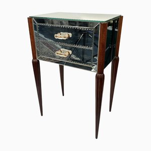 French Beveled Mirror and Beech Nightstand, 1960s