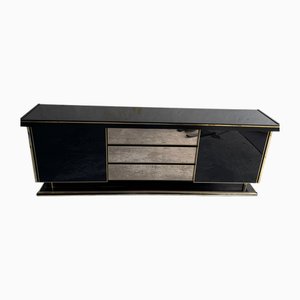 Black Lacquer and Brass Cabinet in the style of Mahey, 1970s