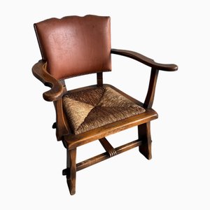Brutalist Armchair with Wicker Seat and Leather Back