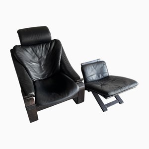 Set of Vintage Scandinavian Leather Lounge Chair and Ottoman by Åke Fribytter for Möbel