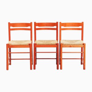 Vintage Red Wooden Chairs with Woven Wicker Seats, 1970s, Set of 3