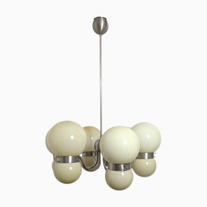 Lampadario con doppie sfere in vetro opalino, anni '70