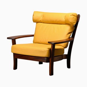 Brazilian Lounge Chair in Hardwood and Ochre Leather, 1970s