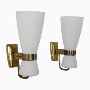 Italienische Mid-Century Wandleuchten aus Messing & Glas von Stilnovo, 1950er, 2er Set