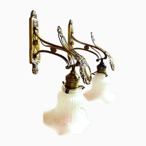 Art Nouveau Style Brass and Frosted Glass Tulips Wall Lights, 1960s, Set of 2
