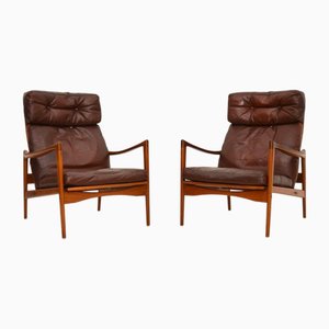 Set aus dänischen Leder & Teak Stühlen von Ib Kofod Larsen, 1960
