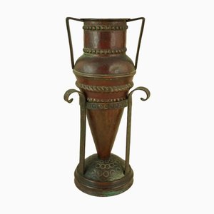 20th Century Art Deco Pointed Amphora Vase with Copper Stand attributed to Claudius Linossier, France, 1930s, Set of 2