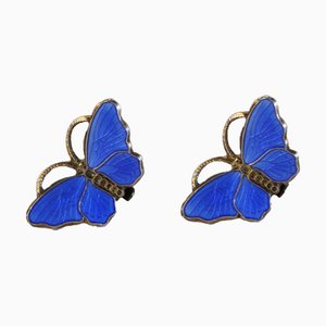 Vintage Norwegian Silver and Enamel Butterfly Ear Clips from Opro, Set of 2