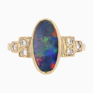 Modern Black Opal and Diamonds Geometric Ring in 18 Karat Yellow Gold