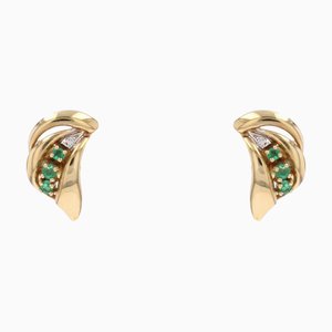 Modern Emeralds and Diamonds 18 Karat Yellow Gold Stud Earrings, Set of 2