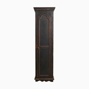Antique Swedish Narrow and Tall Cabinet with Shelves and Distressed Black Paint