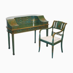 Green and Gold Chinoiserie Carlton Desk with Armchair, Set of 2