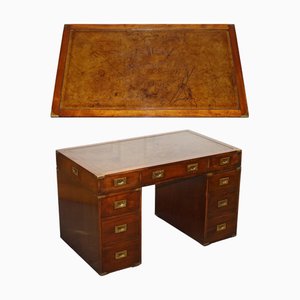 Military Campaign Twin Pedestal Desk with Brown Leather Top