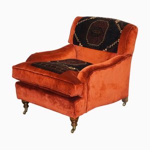 Vintage Red Velvet and Aztec Kilim Upholstered Armchair in the style of Howard George Smith