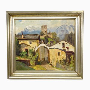 Artista Biedermeier, Villaggio alpino europeo, Fine XIX secolo, Dipinto ad olio, Con cornice