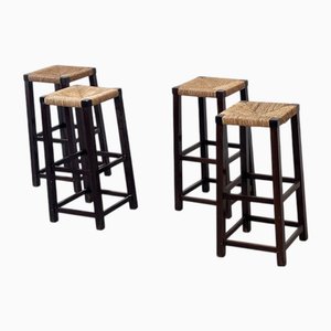Rattan and Wood Barstools, 1970s, Set of 4