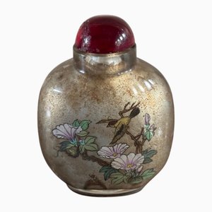Chinese Snuff Bottle in Painted Glass with Birds and Flowers Decoration, 20th Century