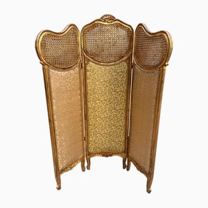 French Three-Panel Screen Woven Straw, Gold Decoration and Baroque Fabric, 1890s