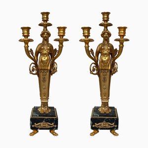 Empire Gilded Bronze Candleholders, Set of 2