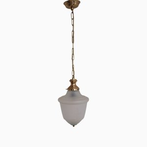 Vintage Deckenlampe aus Messing mit tropfenförmigem gemustertem Milchglasschirm, 1980er