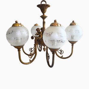 Lustre Louis XV Antique en Bronze Doré avec 6 Globes Gravés, 1890