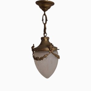 Antike französische Deckenlampe aus Messing mit tropfenförmigem Schirm aus geschliffenem Glas, 1900er