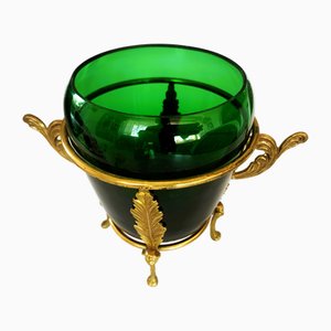 Antique Decorative Container in Green Glass and Brass Frame with Lion Heads, 1930s